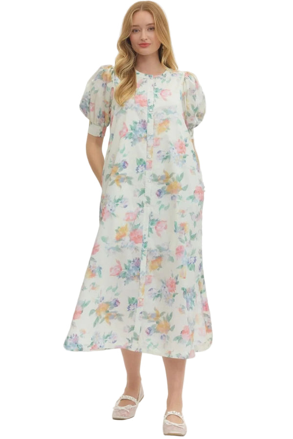 Spring Floral Puff Sleeve Cream Midi Dress
