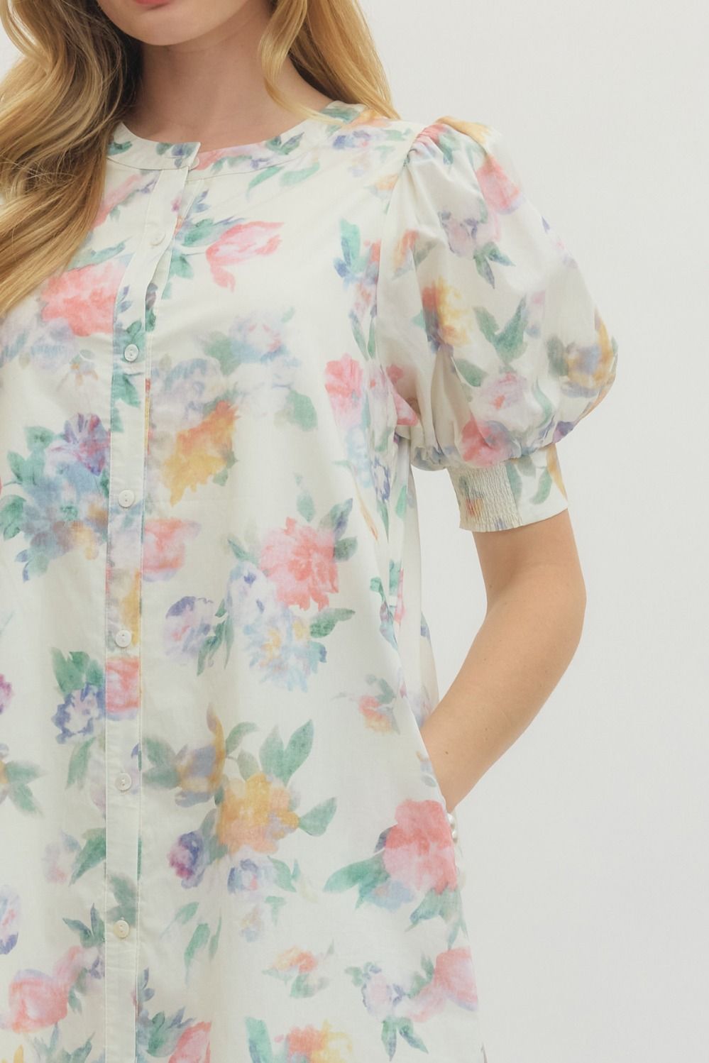 Spring Floral Puff Sleeve Midi Dress