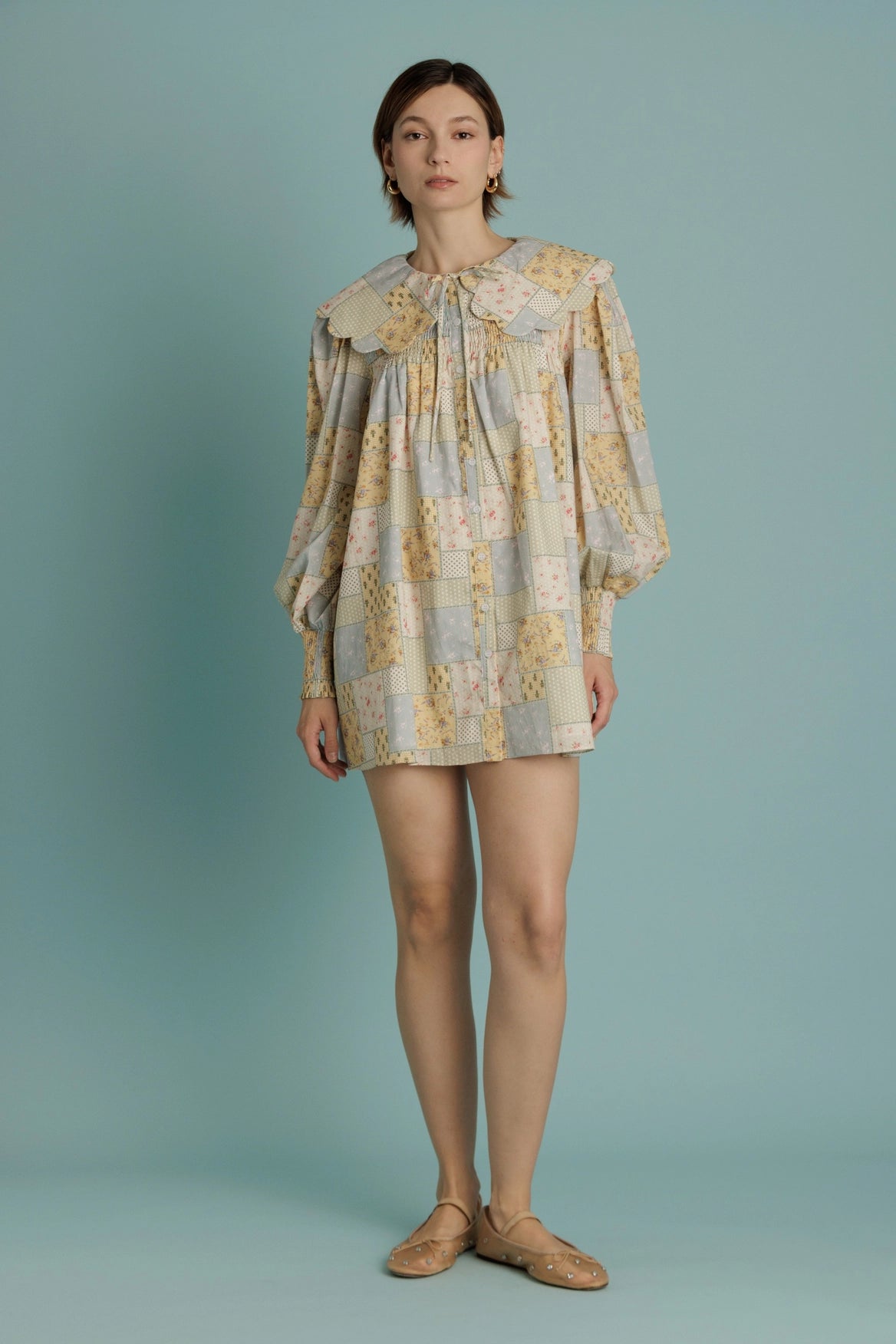 Tile Print Scallop Collar Mini Dress