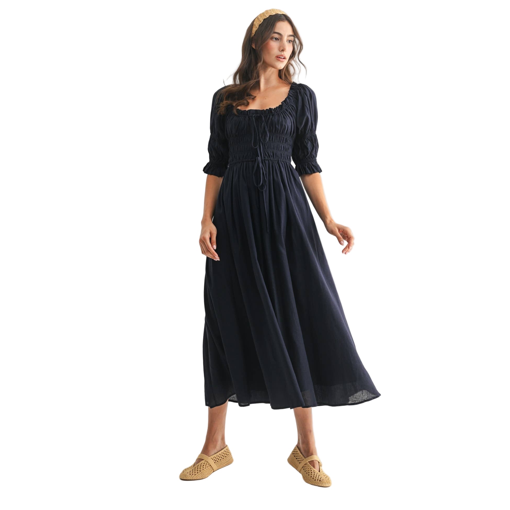 Navy Smocked Midi Dress with Pleated Skirt