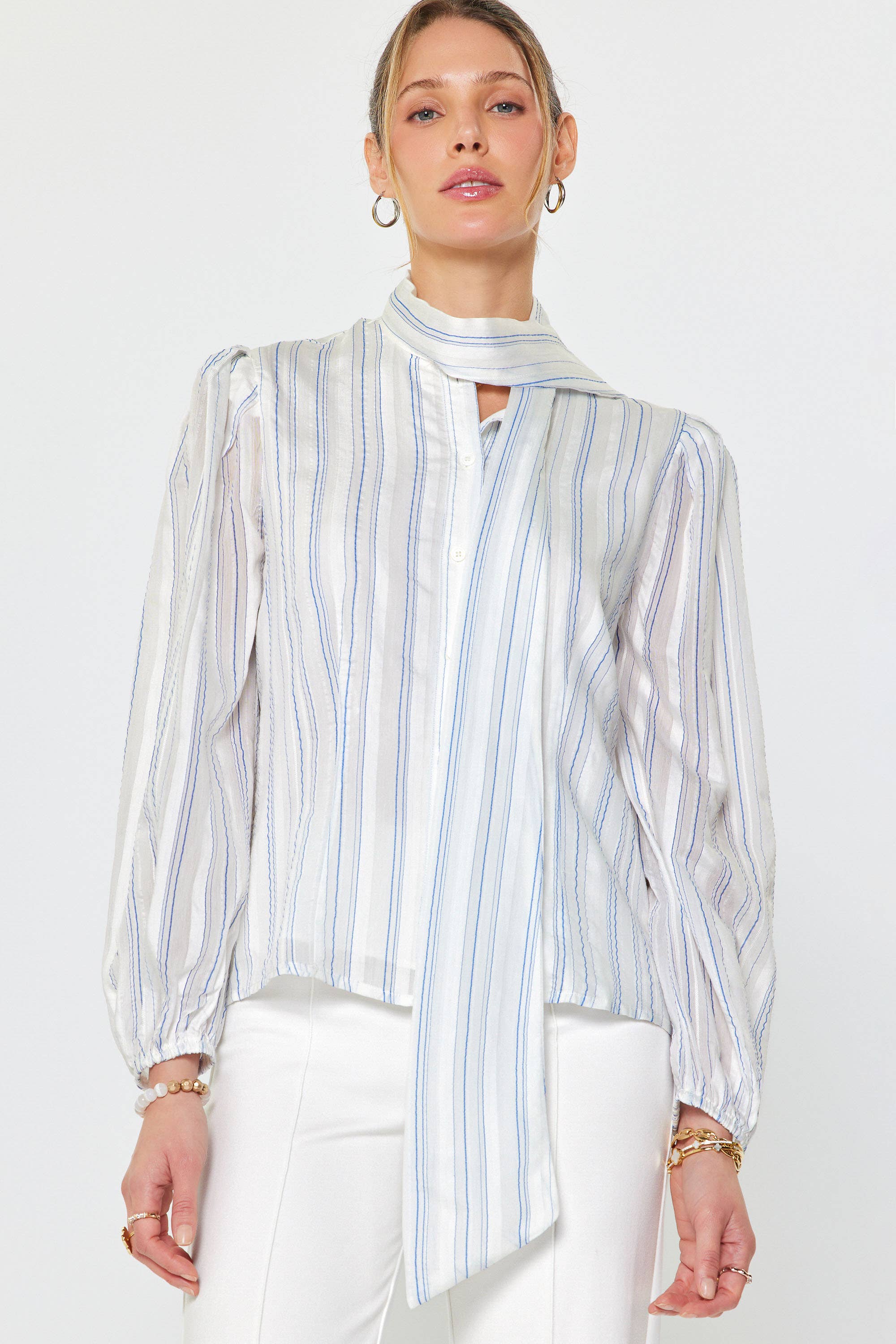 Puffed Long Sleeve Neck Tie Shirt