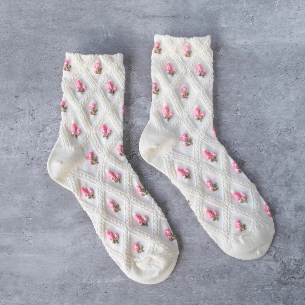 Floral Casual Socks Cream/Pink