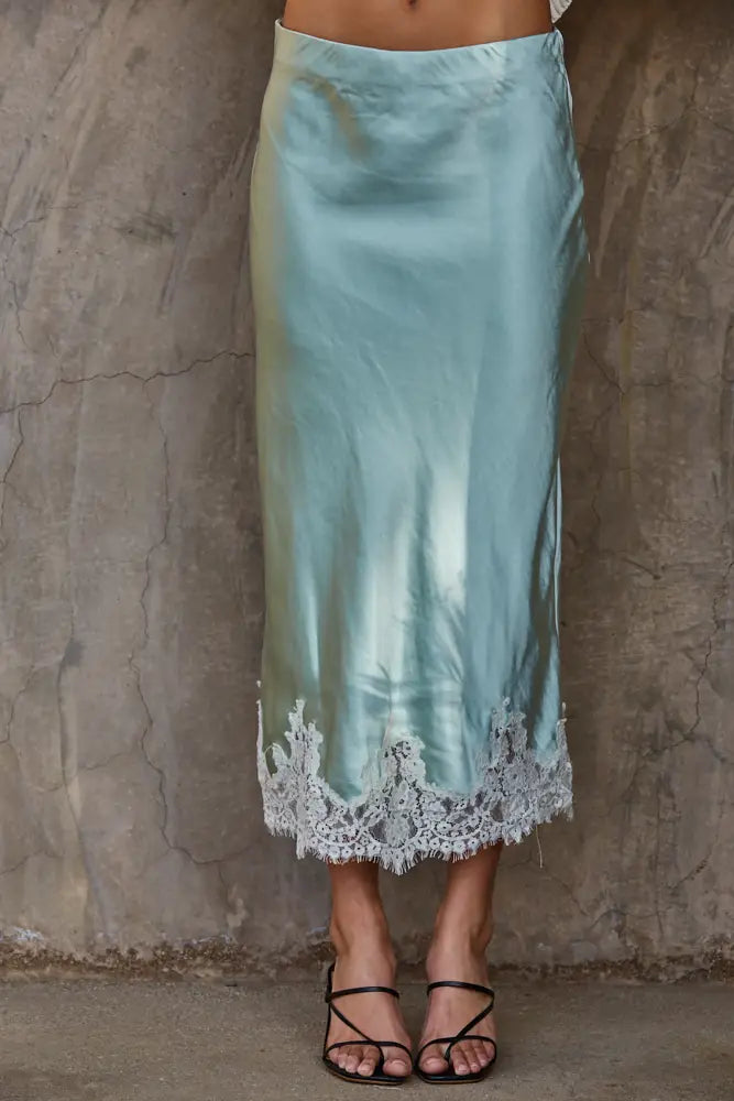 Dusty Mint Satin Lace Hem Skirt