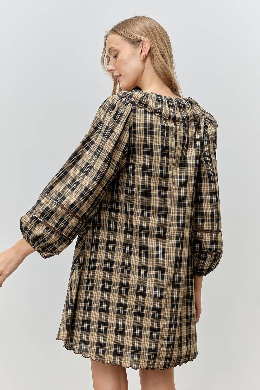 Plaid Scallop Ruffle Edge Mini Dress