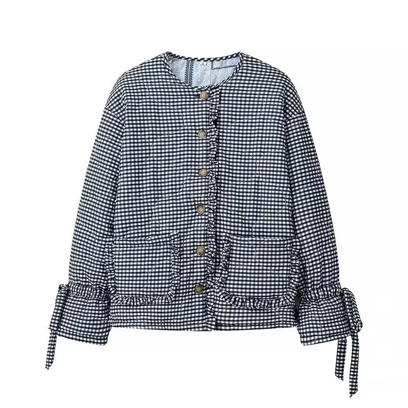 Gingham Ruffle Trim Quilted Jacket