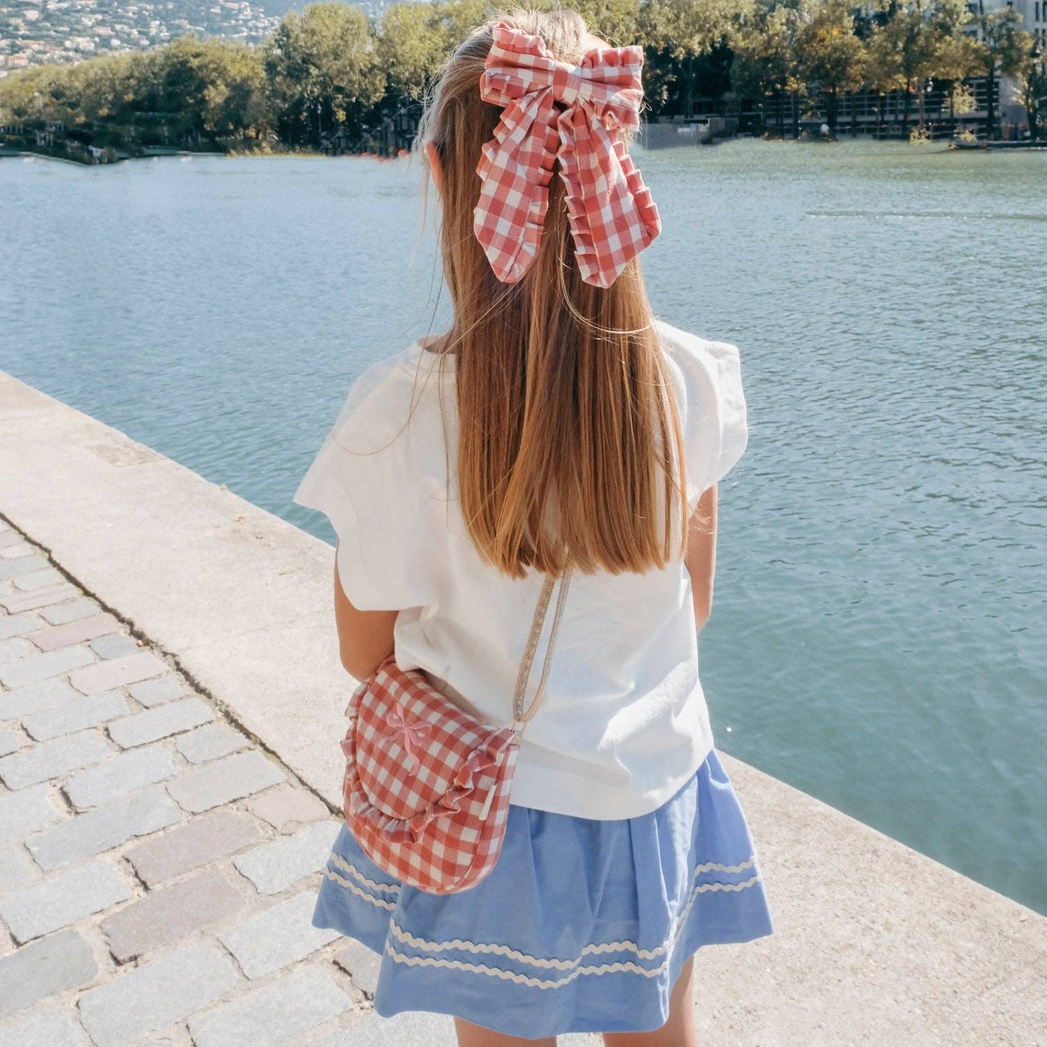 Gingham Ruffle Long Bow Clip