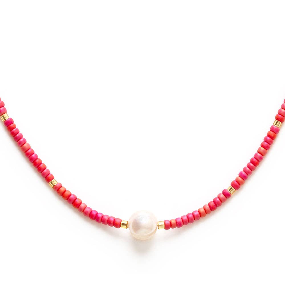 Coral Miyuki Bead and Pearl Necklace