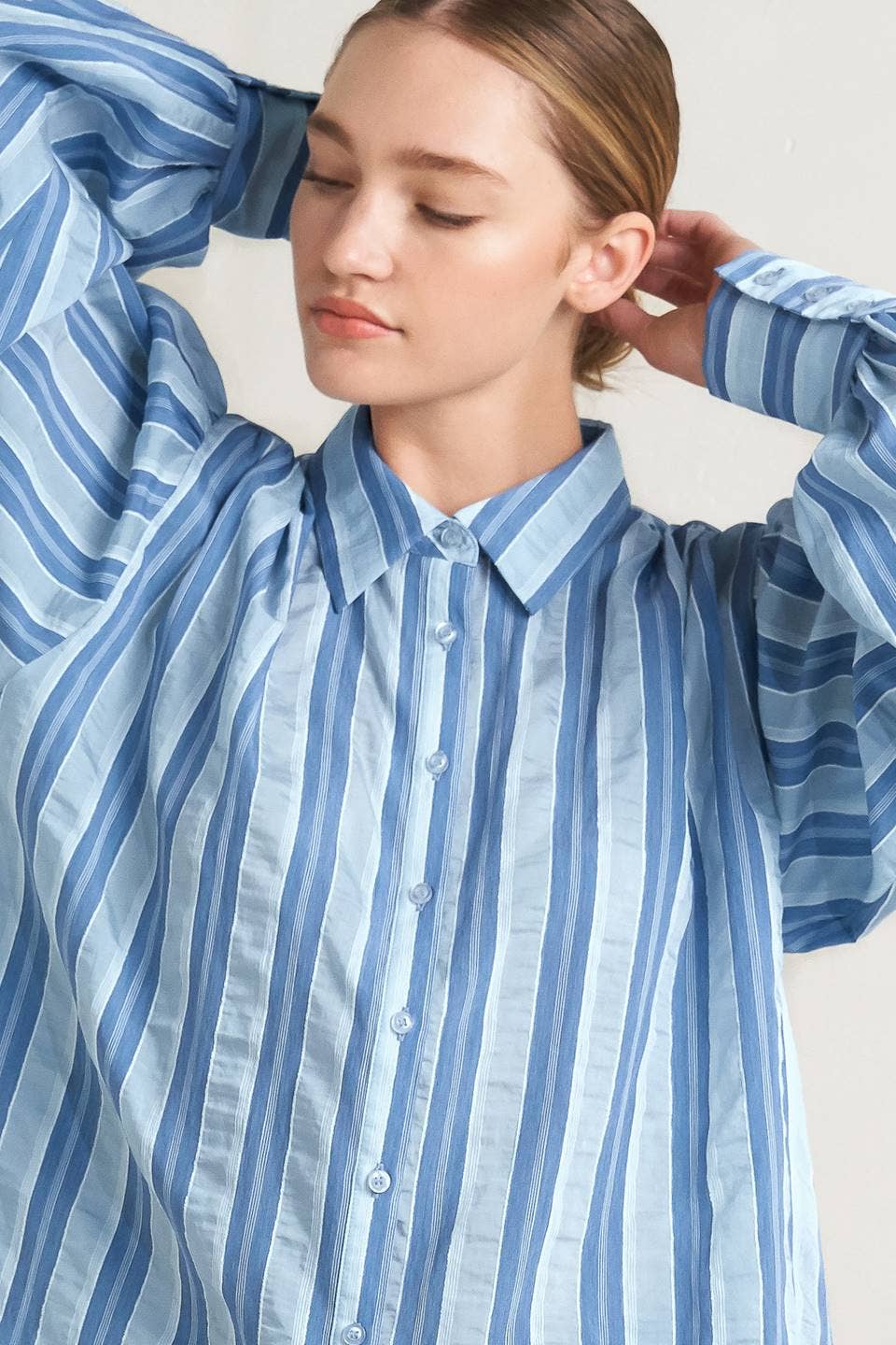 Blue Striped Balloon Sleeve Blouse