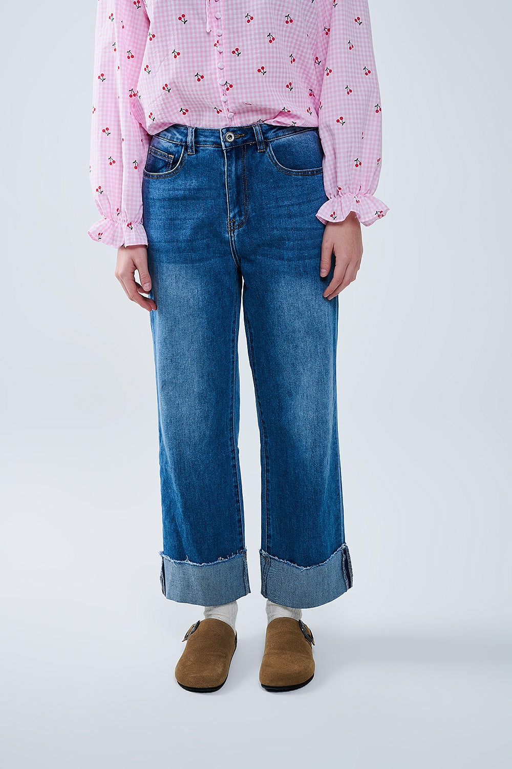 Medium Wash Straight Fit Cuffed Hem Jeans