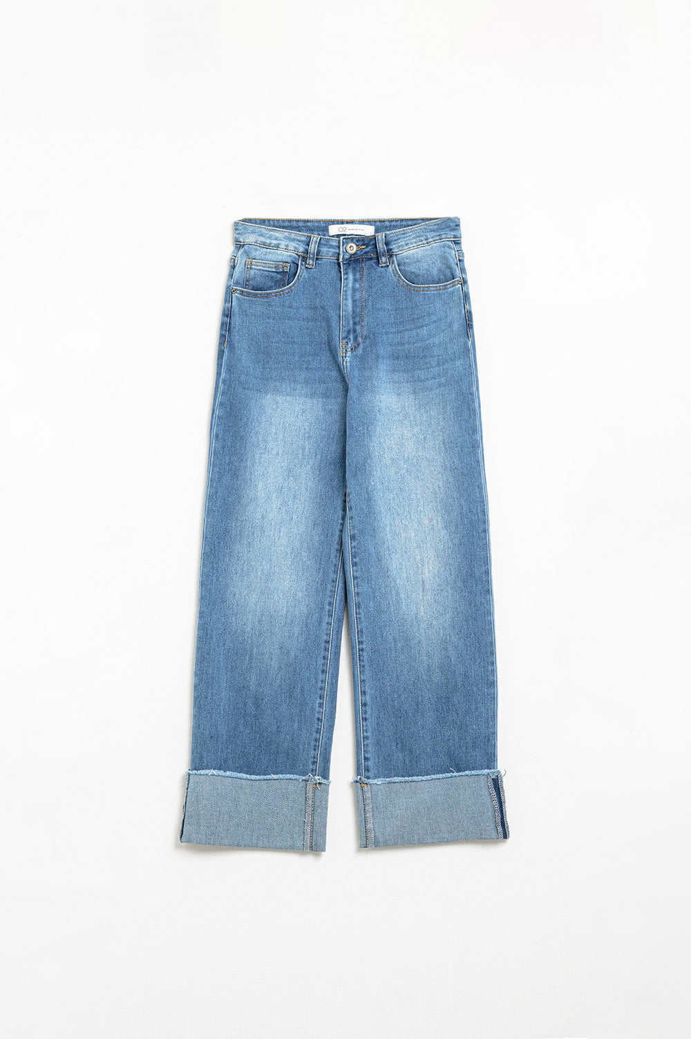 Medium Wash Straight Fit Cuffed Hem Jeans