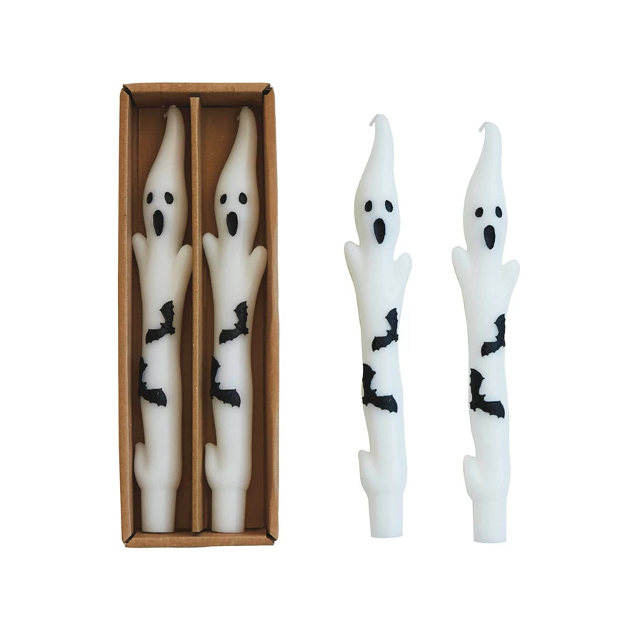 Unscented Ghost Shaped Taper Candles w/ Bats in Box, White & Black, Set of 2