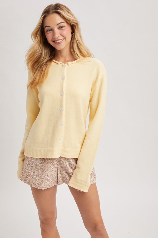 Raw Edge Neckline Lemon Button-Up Cardigan