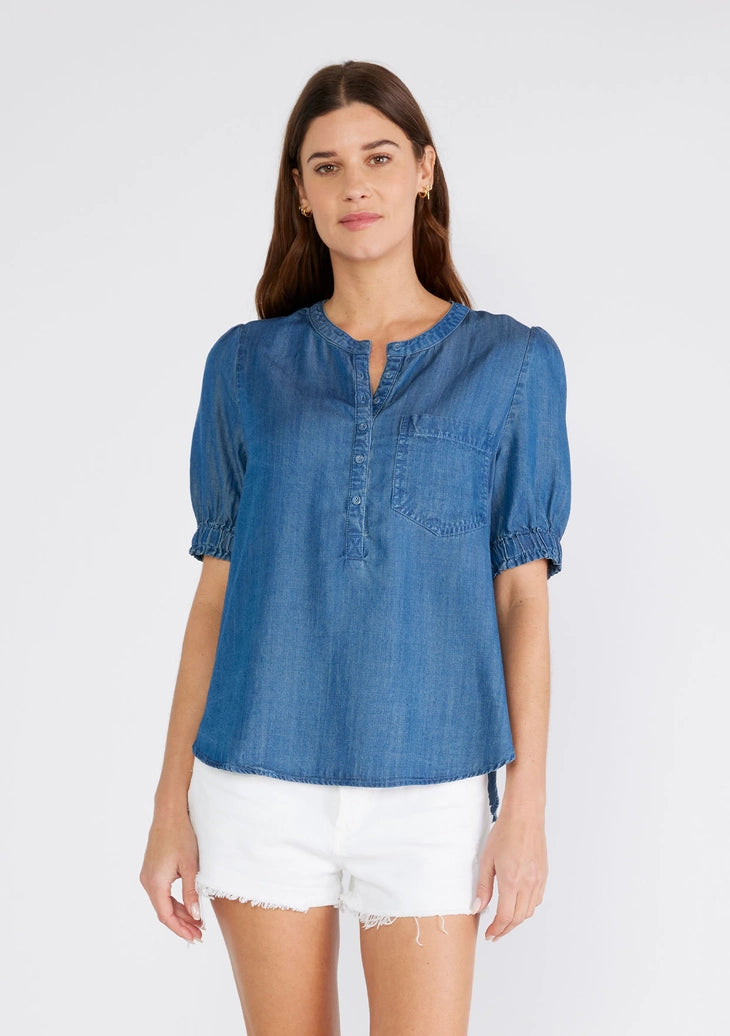Tencel Puff Sleeve Button Front Blouse