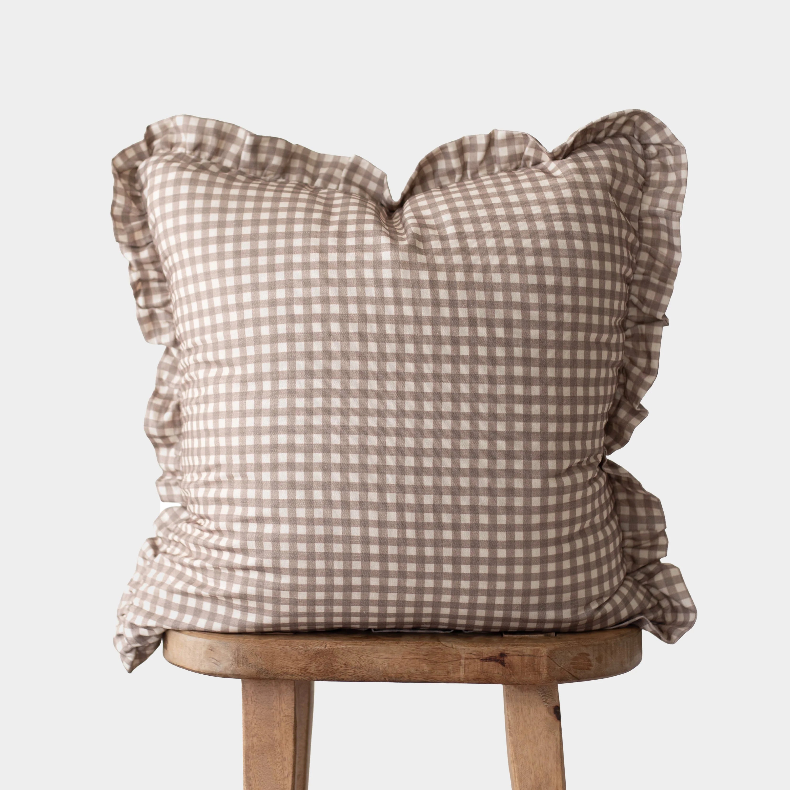 Tan Gingham Ruffle Pillow 22" x 22"