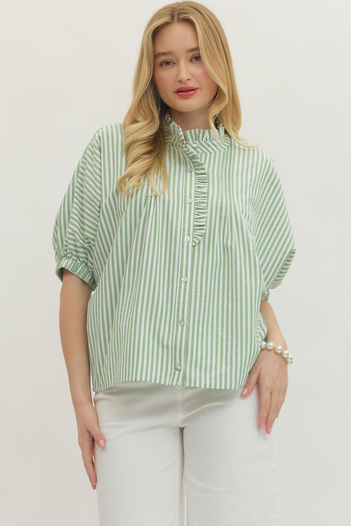 Sage Ruffle Trim Stripe Top