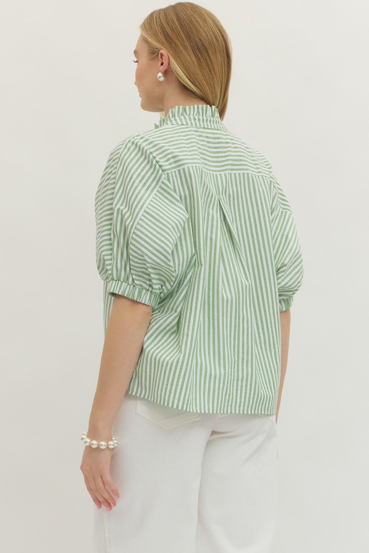 Sage Ruffle Trim Stripe Top