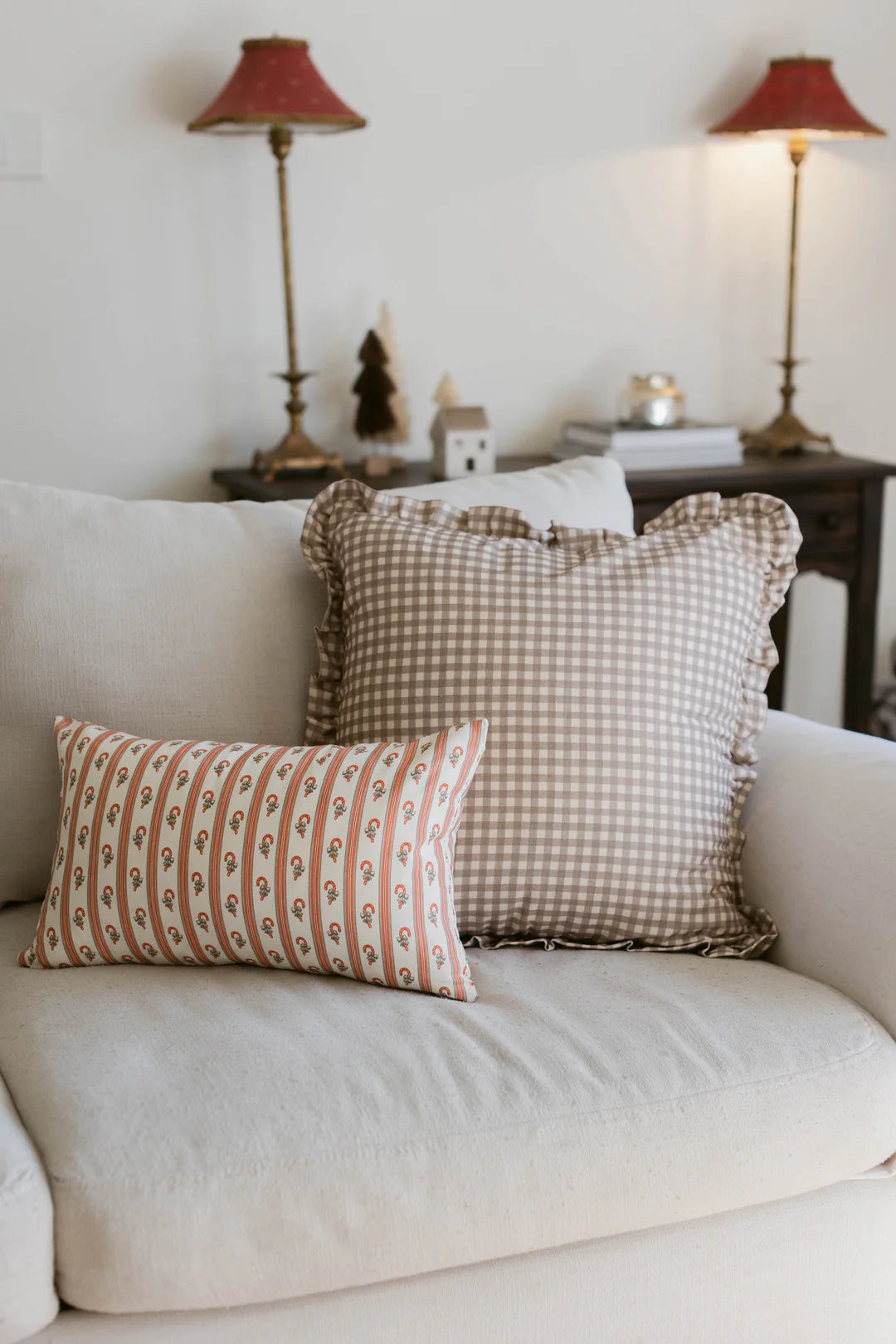 Tan Gingham Ruffle Pillow 22" x 22"