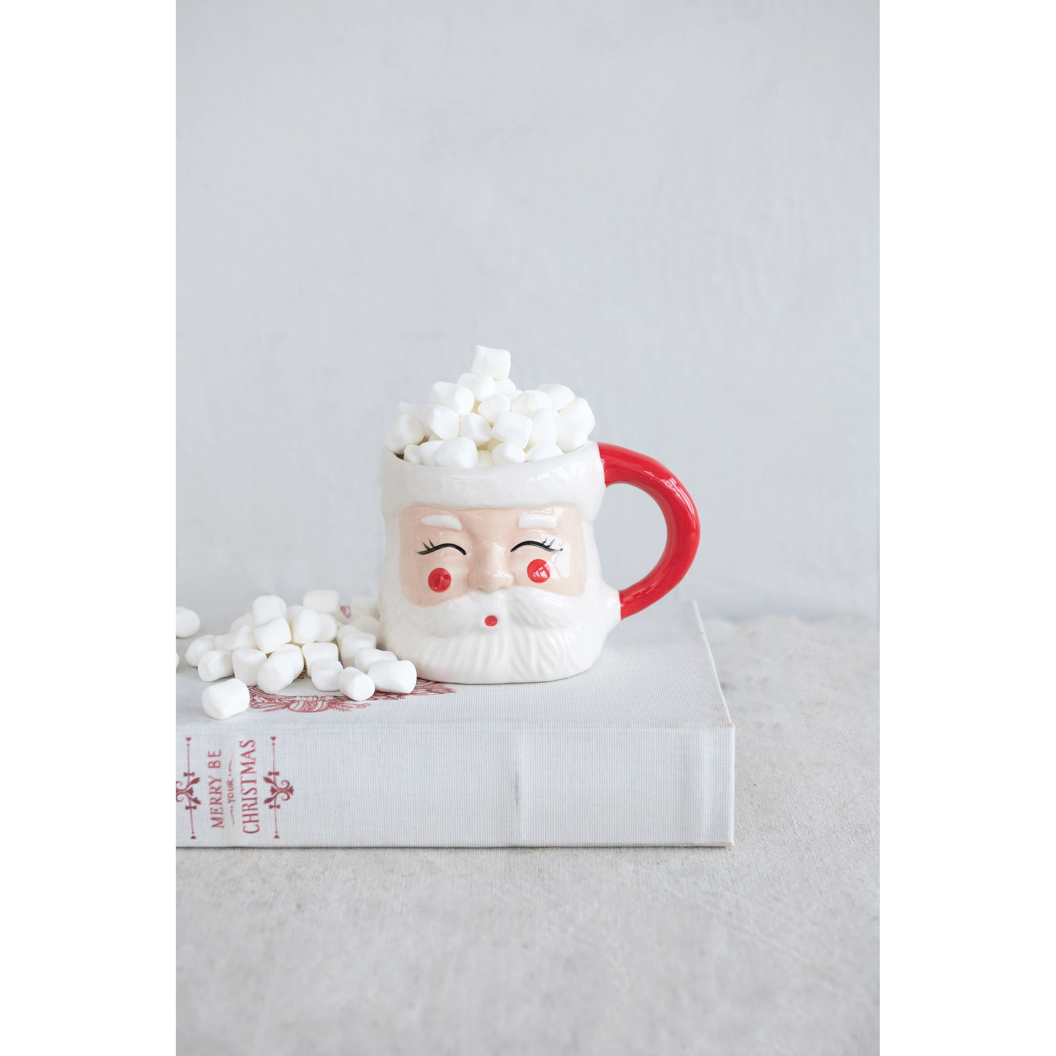 Hand-Painted Stoneware Santa Mug, Red and White