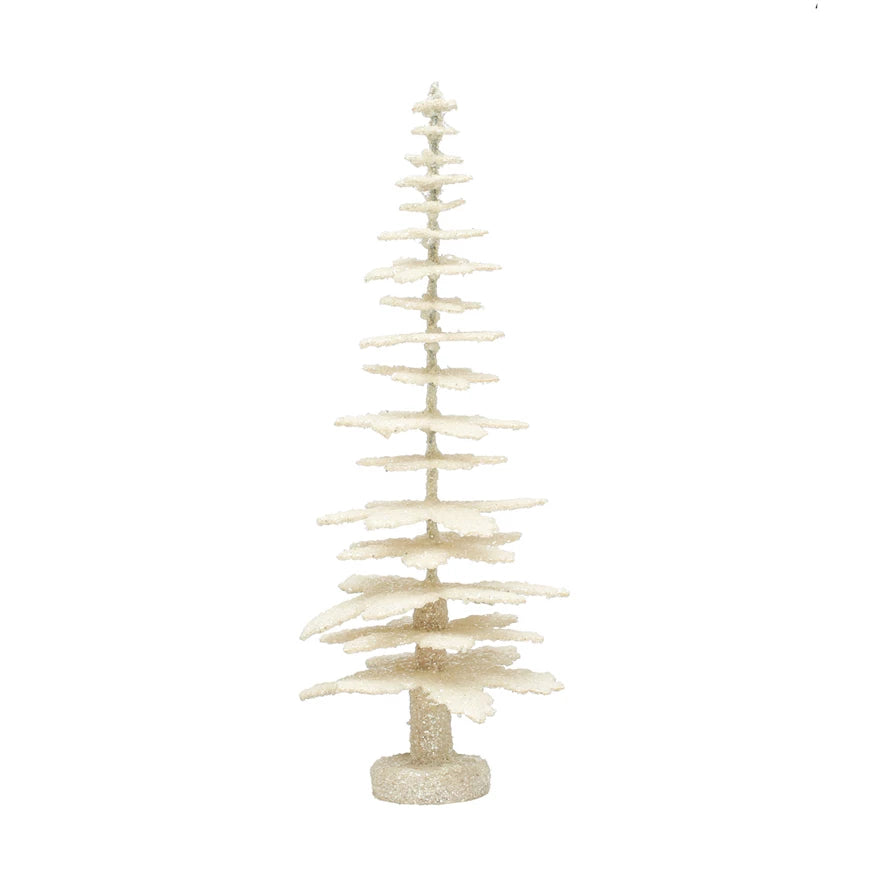 5" Round x 12-1/2"H Coated Paper Tree w/ Glitter, Antique Finish, Cream Color