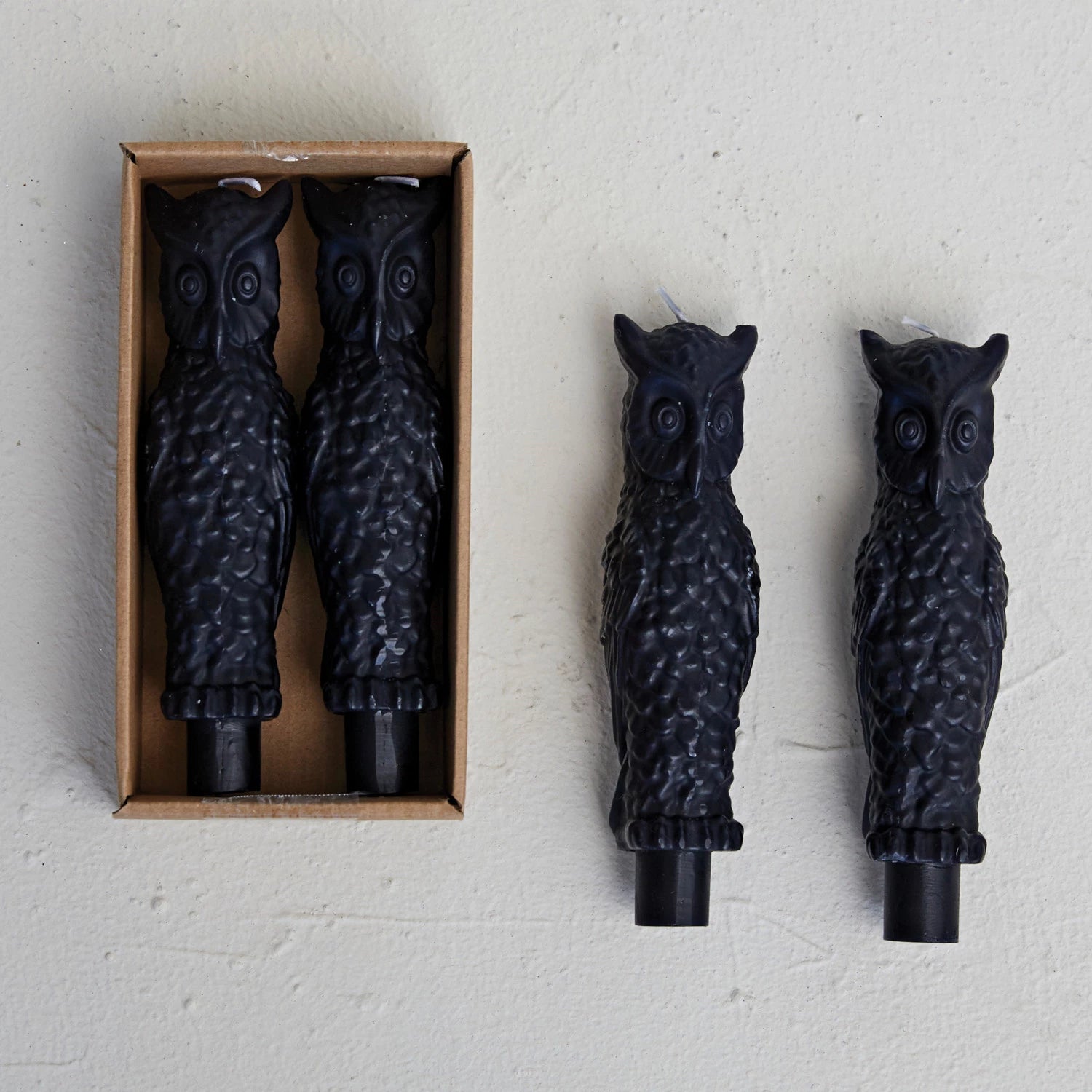 6"H Unscented Owl Taper Candles in Box, Black Color, Set of 2