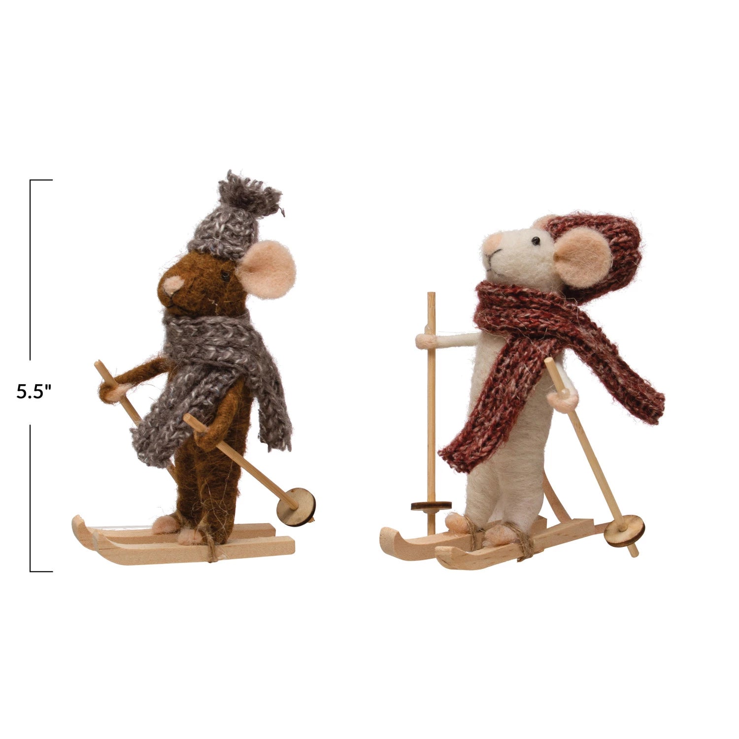 5-1/2"H Wool Felt Skiing Mouse w/ Knit Hat & Scarf, Multi Color, 2 Styles