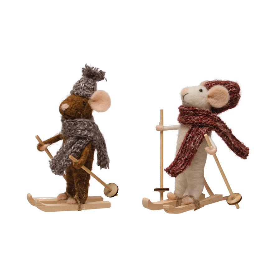 5-1/2"H Wool Felt Skiing Mouse w/ Knit Hat & Scarf, Multi Color, 2 Styles