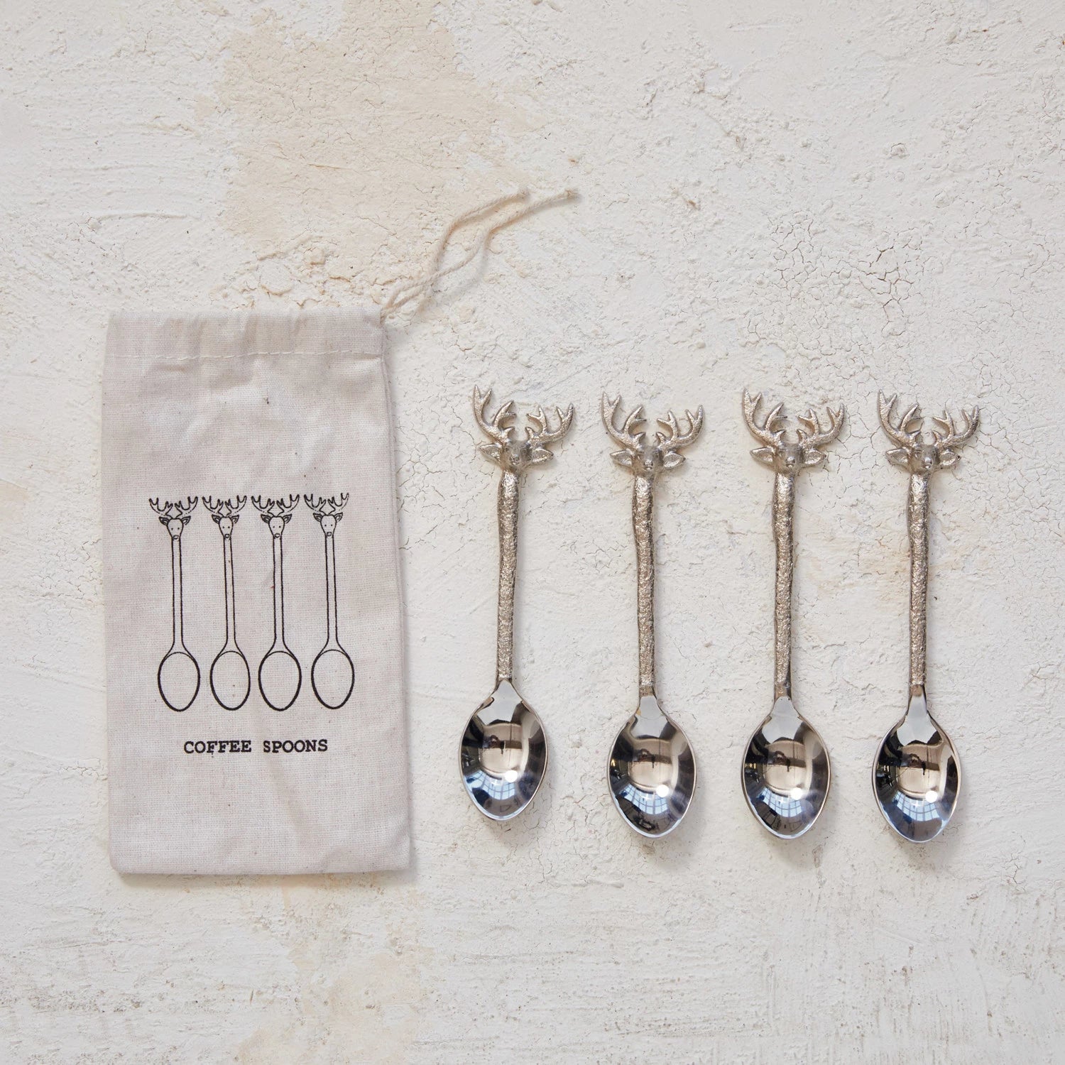 Stainless Steel & Brass Coffee Spoons w/ Reindeer Handles, Set of 4 in Bag