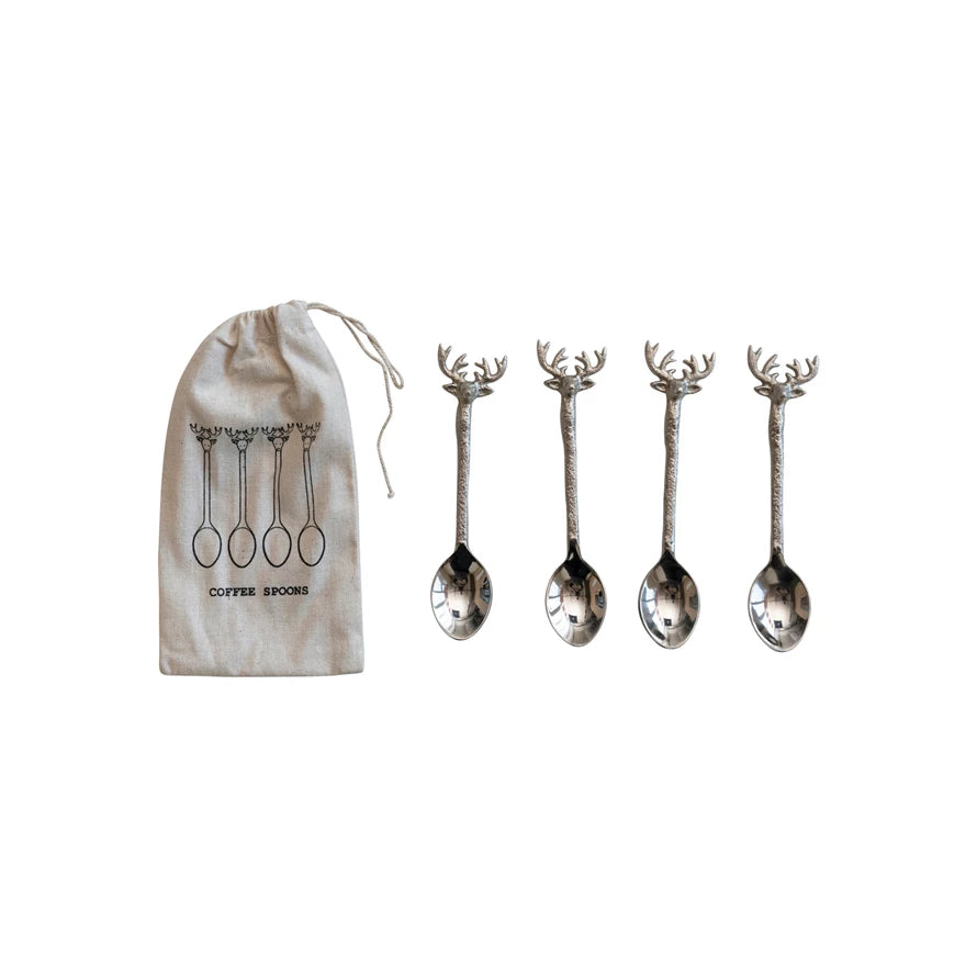 Stainless Steel & Brass Coffee Spoons w/ Reindeer Handles, Set of 4 in Bag