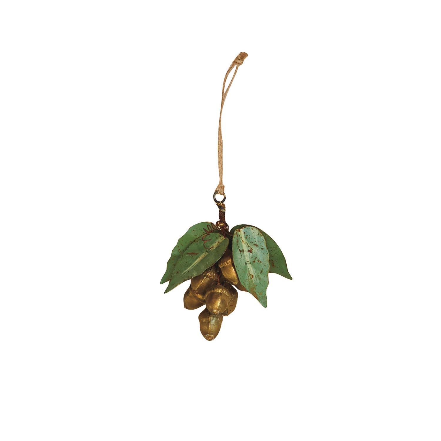 Painted Metal Leaf & Acorn Ornament, Distressed Green & Gold Finish