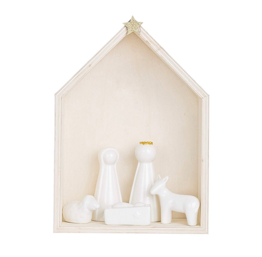 Wood Nativity with Ceramic Figures