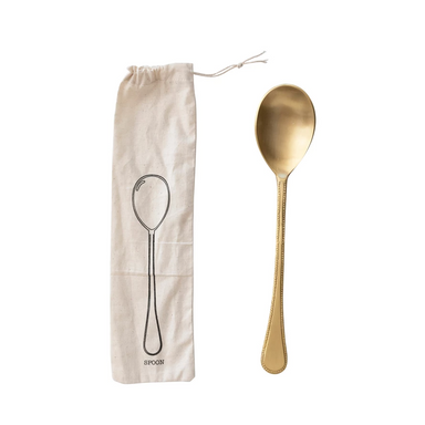 Brass Spoon in Printed Drawstring Bag 10-1/2"L
