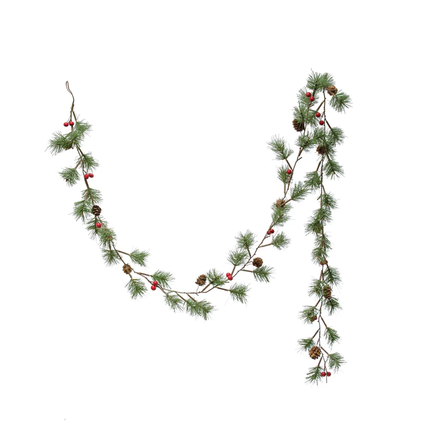 Faux Pine Needle & Natural Pinecone Garland w/ Red Berries 72"