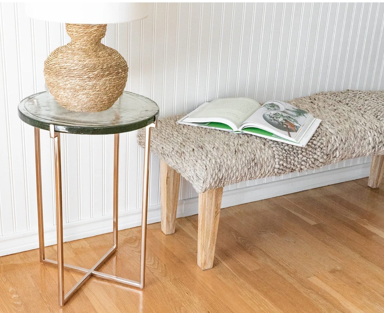 Glass Side Table with Rose Gold Metal Legs